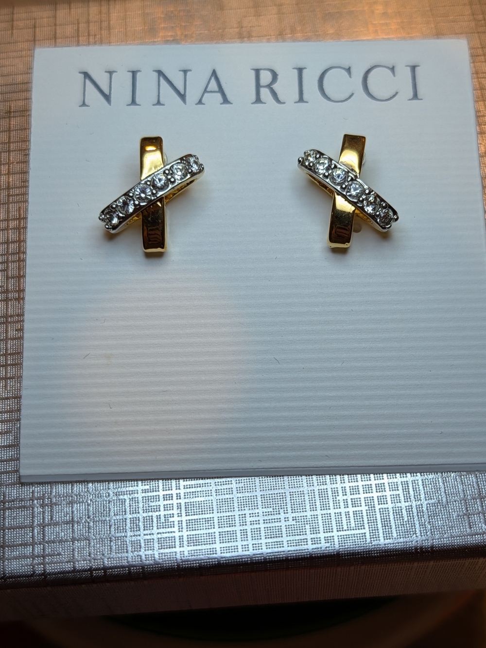 Nina Ricci Gold-Tone Crystal Cross Earrings New